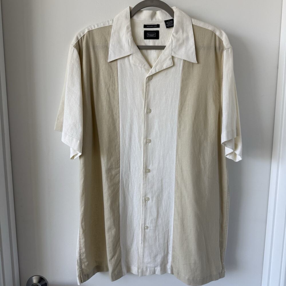 Mens‎ Washable Linen Button Up Shirt L Beige/White Beach Coastal Haggar